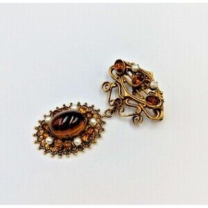 Vintage Original By Robert Gold Tone Amber Color Rhinestone Faux Pearl Brooch